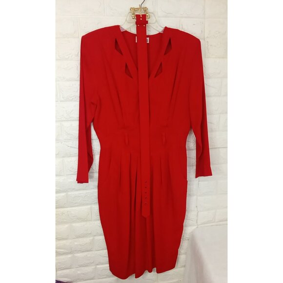 Vintage '80s Nina Piccalino Dress Power Shoulder Cut-outs Pockets Pleats (M/8) - Picture 6 of 15